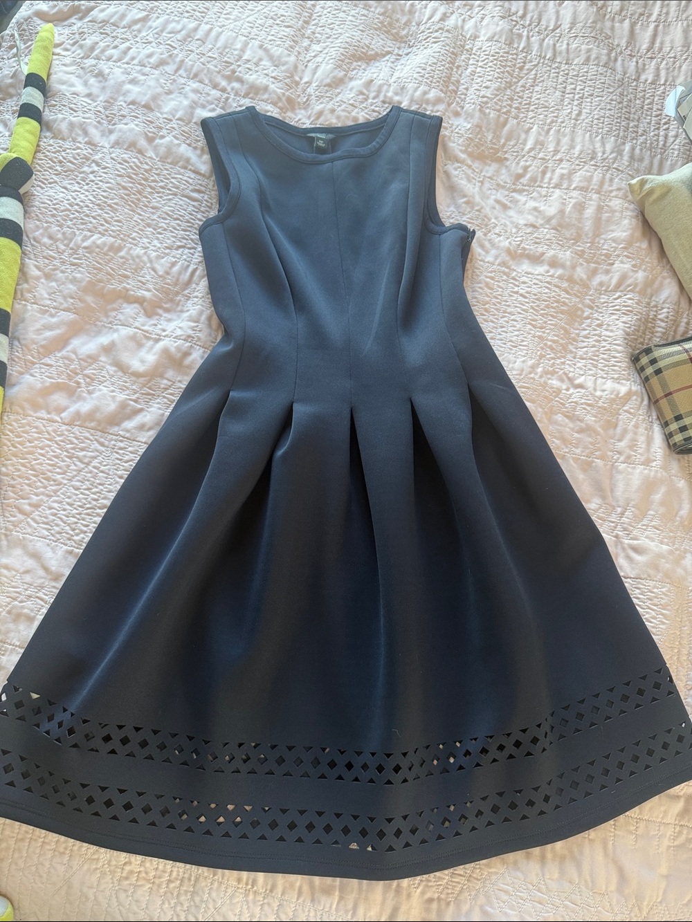 Ann Taylor Navy Sleeveless Fit-and-Flare Dress with Laser-Cut Hem